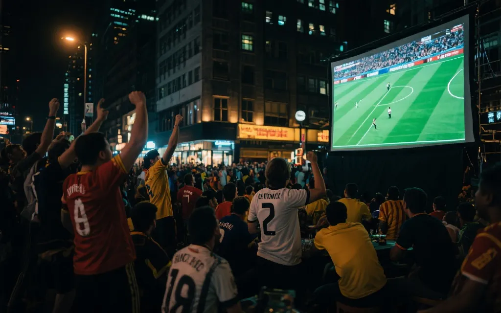 城市夜晚的足球主题观赛聚会：大屏幕、球衣、热烈但有秩序