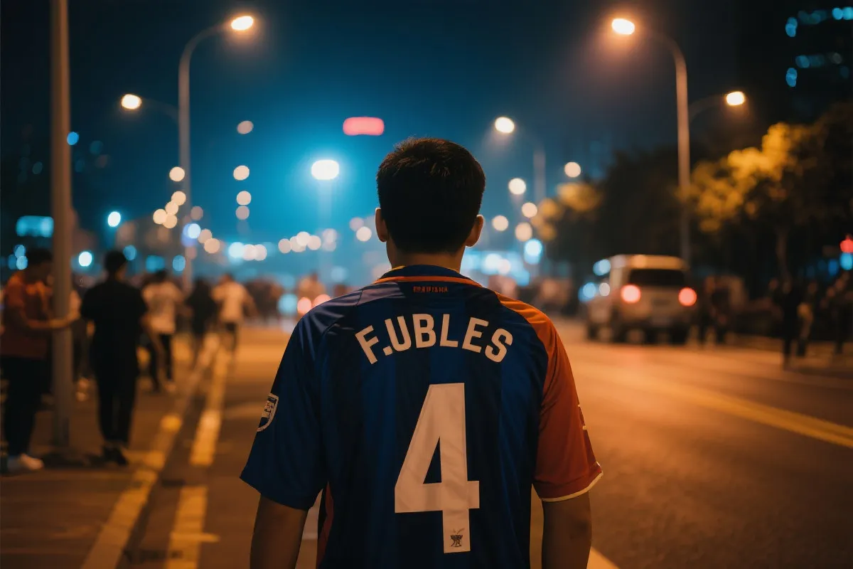 赛后球迷在城市街头行走,灯光与余热交织的夜景氛围