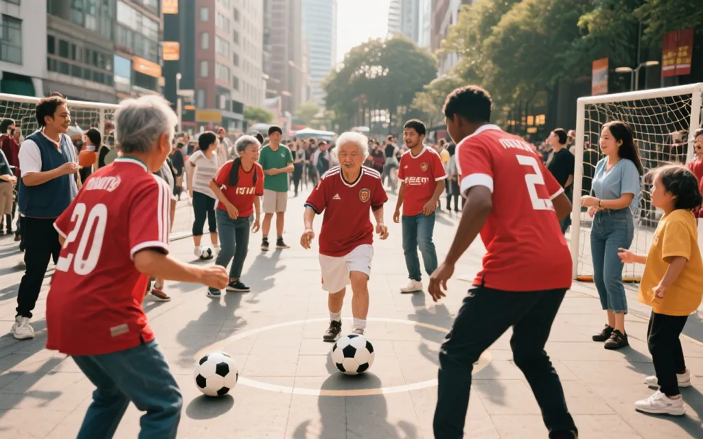 多元球迷群体在城市公共空间参与足球活动的纪实画面，温暖自然光