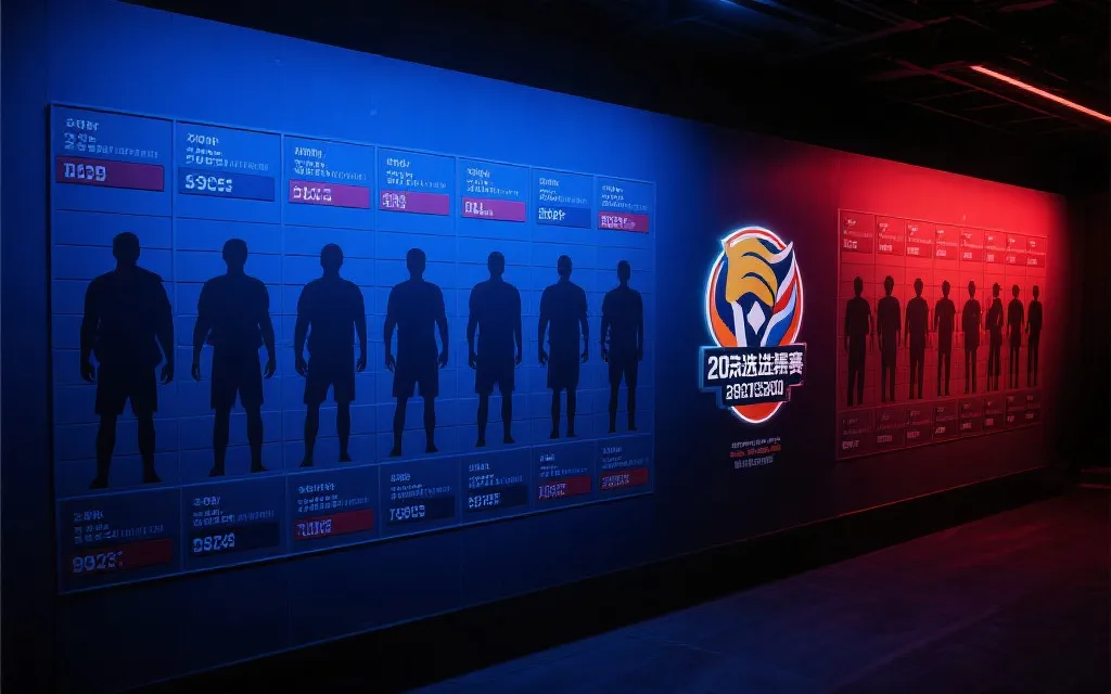 世界杯预选赛数据墙与球队剪影，体现紧张的出线争夺